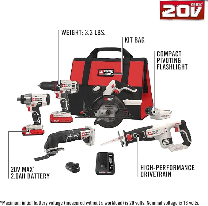 PORTER-CABLE 20V MAX* 6 Tools Combo Kit Cordless Drill Set, Impact Driver, Circular Saw, Reciprocating Saw, Oscillating Tool, Cutting Blade, Flashlight and USB Charger (PCCK617L6)