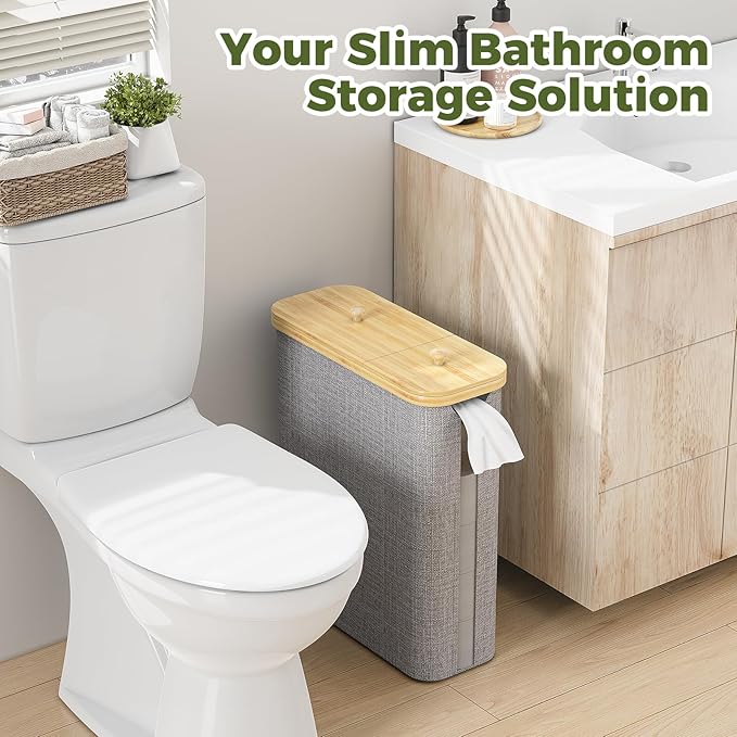 42L Toilet Paper Basket with Bamboo Lid, Toilet Paper Storage with Toilet Paper Holder & Non-Slip Mat for Bathroom Organizer, Holds up to 19 Regular Rolls or 14 Mega Rolls, Collapsible & Stackable