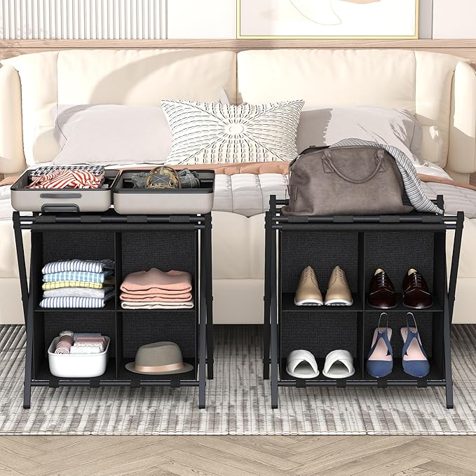 aboxoo 2 Pack Luggage Rack with storage, Guest Room Folding Suitcase Stands, Holds up to 120 lb, Space Saving Suitcase Holders for guest room, Bedroom Hotel, Black
