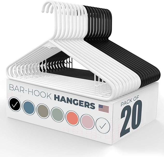 Neaties Plastic Hangers 20 Pack - Made in the USA - 6lb Capacity Standard Clothes Hangers with Strap Hooks for Dresses, Lingerie, Shirts, Pants, and Jackets - White & Black