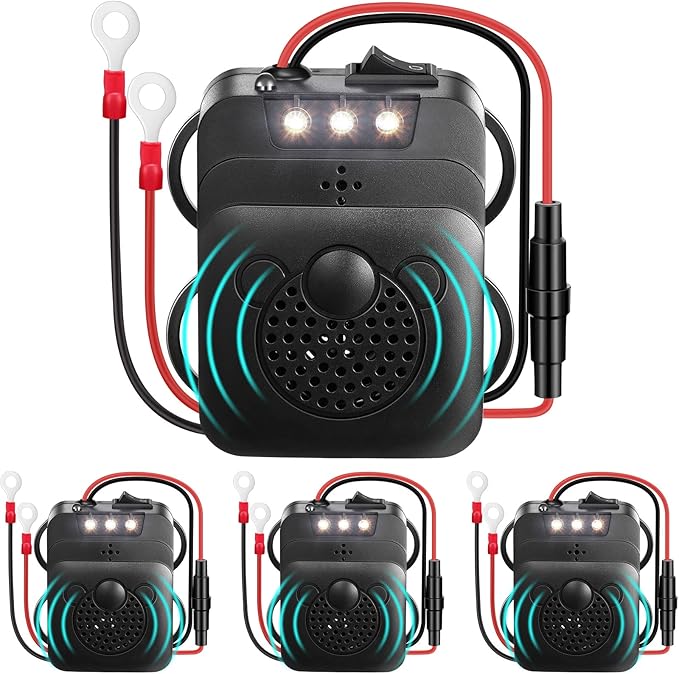 4 Pack Under Hood Animal Repeller Ultrasonic Mouse Repeller Rat Repellent Small Ultrasonic Mice Deterrent for 12V Car Pest Vehicle Automobile Get Rid of Animal in Car Engine with Strobe Light