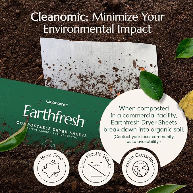Cleanomic Earthfresh Fabric Softener Sheets Dryer Sheets, Softens & Removes Static Cling, Vegan Laundry Softener With Essential Oils -Fragrance Free