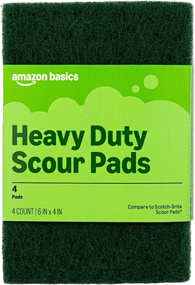 Amazon Basics Heavy Duty Scour Pads, Dish Scrubber for Kitchen + Outdoor, 4 Count, Pack of 1