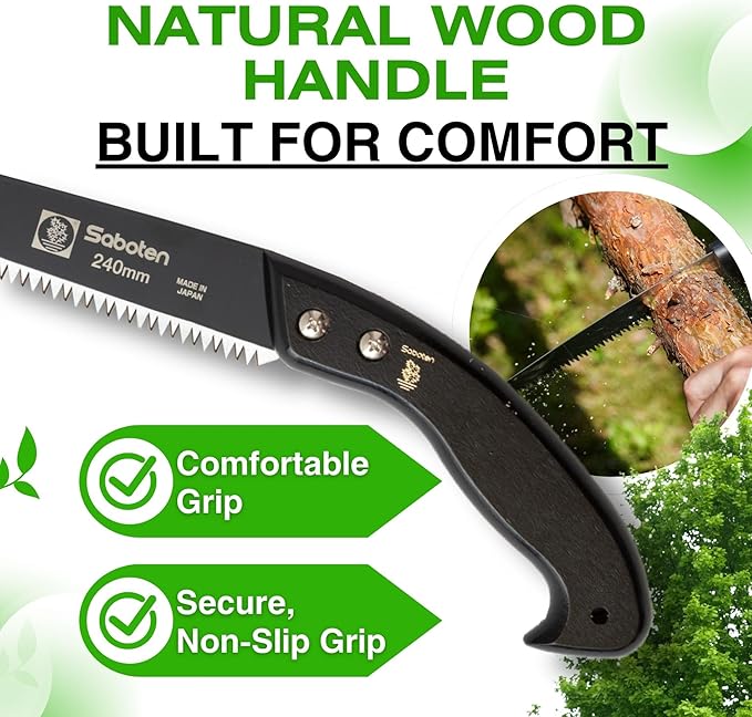 Saboten Japanese Pruning Saw 9.4 in (240mm) – Fluorine-Coated High-Carbon Steel Blade, 7.5mm Tooth Pitch, Smooth Pull Cuts, Wooden Handle, Wood Sheath Included, Made in Japan