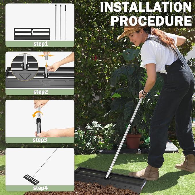 Lawn Leveling Rake 45x10 inch, Lawn Leveler Tool with Stainless Steel, 80" Extended Handle,Golf Course, and Farm,Heavy-Duty for Garden (Updated)