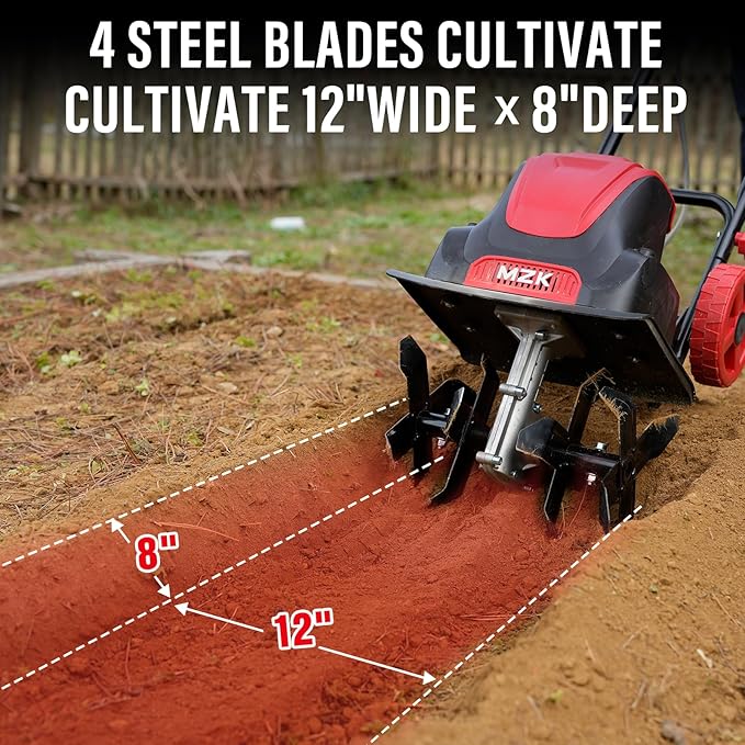 MZK 12-Inch 10.5 Amp Corded Electric Tiller/Cultivator for Gardening, 8-inch tillling Depth with Adjustable Wheels, Electric Garden Rototiller for Lawn/Yard/Garden Soil Digging,TC12A03