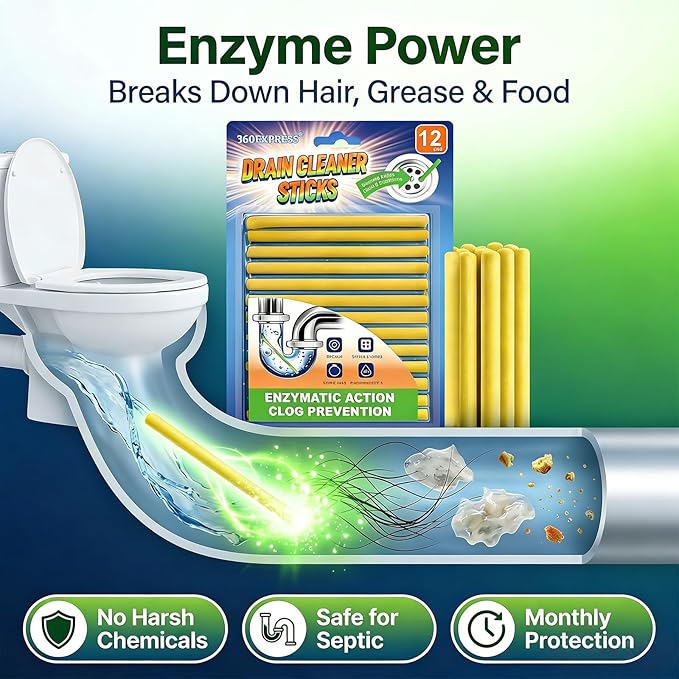 Drain Cleaner and Deodorizer Sticks, 24 Pcs Enzyme Drain Sticks - Natural Clog Remover & Odor Eliminator, Prevent Clogged Drains Year-Round in Kitchen, Bathroom, Shower & Toilet