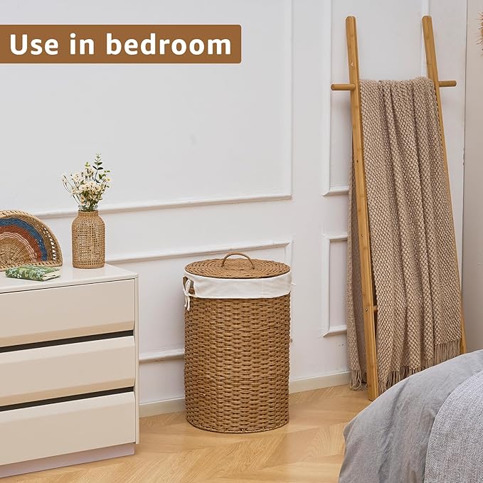 Round Wicker Laundry Hamper with Lid Handwoven Rattan Basket with Handles for Dirty Clothes, 2 Washable Liner Bags, No Assembly Required, Washable Basket, 60L