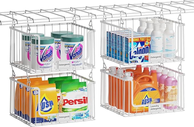 4-Tier Hanging Laundry Room Organizer with Label Cards,Foldable Wire Shelf Basket with 4 Rotating Hooks,Stacked Laundry Basket Organizer,Storage Rack for Laundry Rooms,Closet and Pantry-White