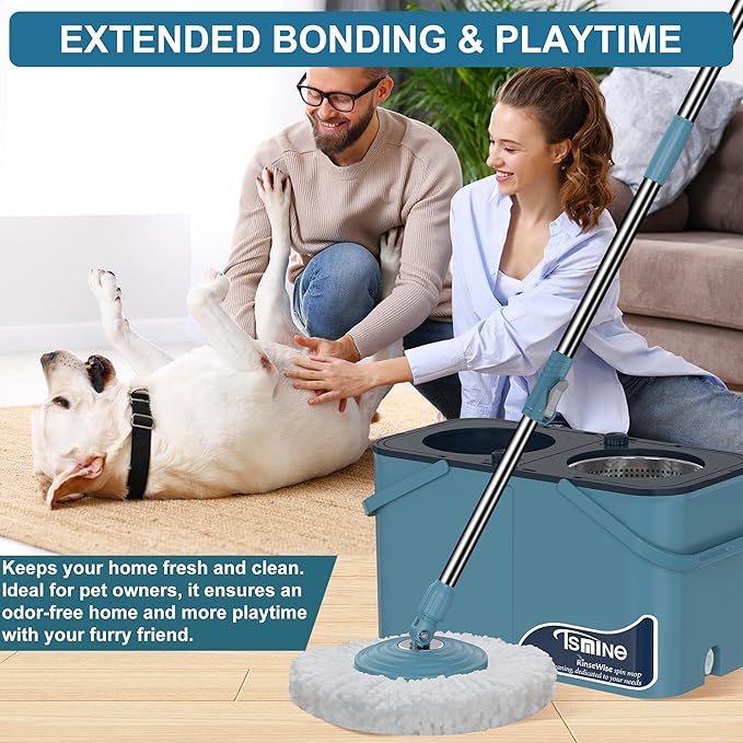 Gen 1 Large-Capacity Spin Mop and Bucket – for Big Homes & Deep Cleaning Days,4-Chamber System Separates Dirty & Clean Water, 2-GAL Heavy-Duty Design with Wheels & 8 Refill Mop Heads - Blue/Grey