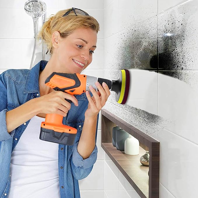 4 Inch Drill Powered Brush Tile Scrubber Scouring Pads,6 Scrubbing Pads with 4 Inch Pad Holder,1Quick Change Hex Shaft for Kitchen Bathroom Grout Tub Grill Cleans Large Flat Areas