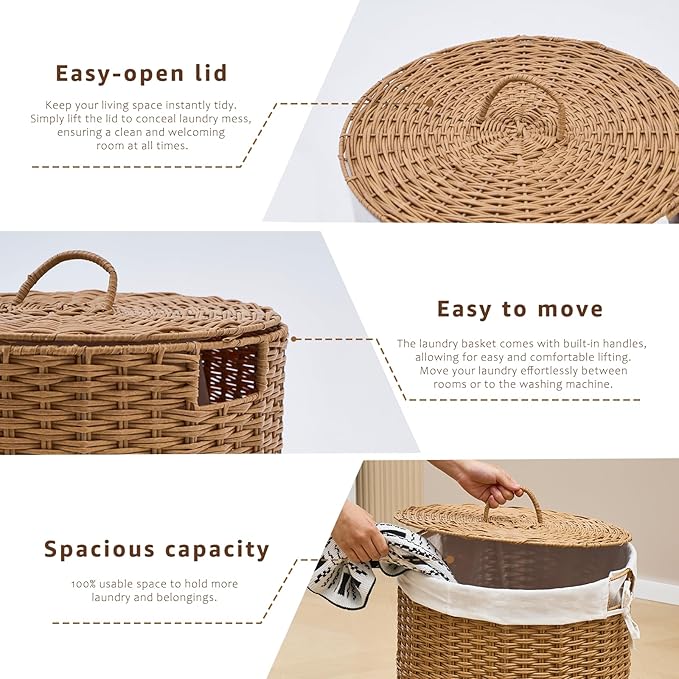 Round Wicker Laundry Hamper with Lid Handwoven Rattan Basket with Handles for Dirty Clothes, 2 Washable Liner Bags, No Assembly Required, Washable Basket, 60L