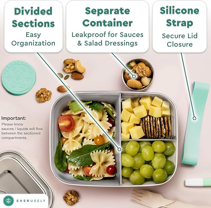 Everusely - Bento Box - Green, 47oz / 1.4 L - Large Stainless Steel Lunch Box with Leakproof Condiment Container - 3 Compartment Snack Organizer for On the Go Meals - Freezer & Dishwasher Safe