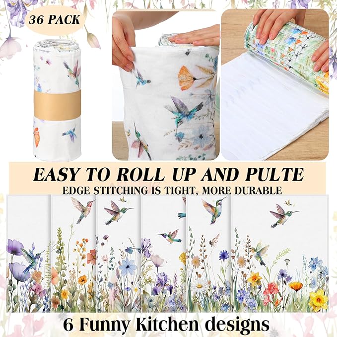 36 Pack Hummingbird Flowers Reusable Cleaning Cloths Washable Cotton Kitchen Towels for Home(Multicolor)