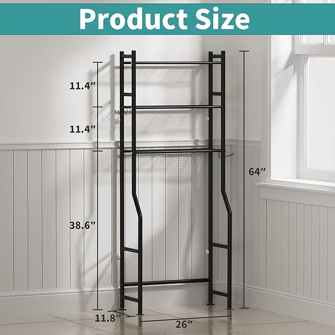 3-Tier Over The Toilet Storage Organizer, Space-Saving Bathroom Rack with Paper Holder & 4 Hooks, 64" Tall Freestanding Carbon Steel Shelf for Small Apartment Laundry Room (Black)
