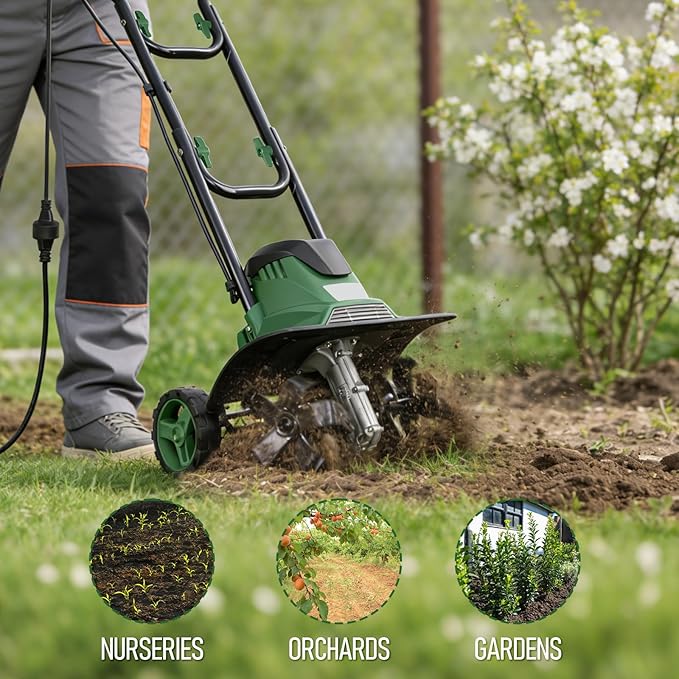14-Inch Electric Tiller Cultivator, LAZYLAND 10A 360RPM Corded Rototiller with 8.7-Inch Tillling Depth, 4X4 Steel Tines for Garden/Lawn/Yard/Soil Aeration/Soil Cultivation