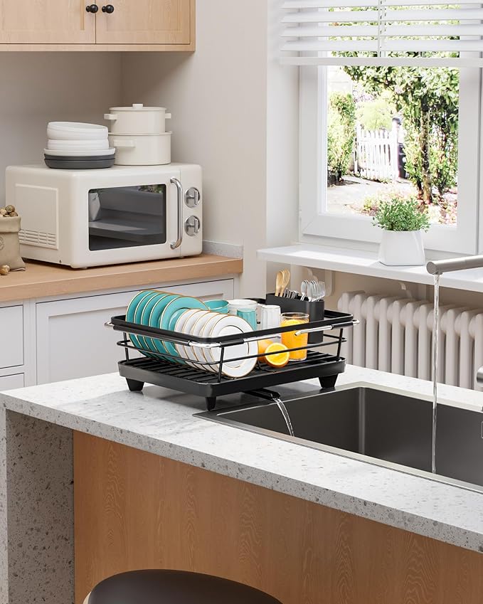 Sakugi Extendable Dish Drying Rack Over Sink with Dish Drainer, Sink Organization and Storage Essentials with Silverware & Utensil Holder, Home and Apartment Decor, 12" W x 16.1~23" L, Black