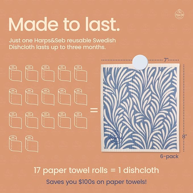 Harps&Seb Swedish Dishcloths for Kitchen Dishcloths - 6 Pack, Reusable Paper Towels with Clips, Super Absorbent Washable Non-Scratch Swedish Dish Towels, No Odor, Biodegradable