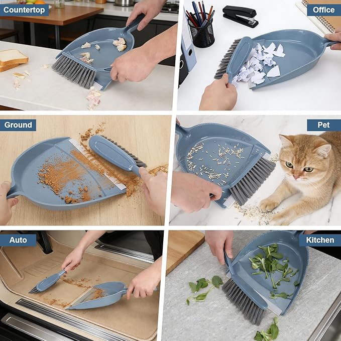 Small Hand Broom with Dustpan Combo Set,Mini Dust Pan and Brush Set with a Scraper Squeegee for Quick Cleanups,3-Piece Wall Mountable Cleaning Tools for Particles,Little Messes,Hair,Crumb