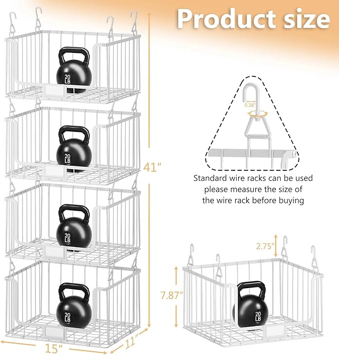 4-Tier Hanging Laundry Room Organizer with Label Cards,Foldable Wire Shelf Basket with 4 Rotating Hooks,Stacked Laundry Basket Organizer,Storage Rack for Laundry Rooms,Closet and Pantry-White
