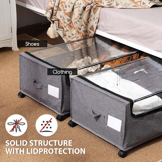 FOUCSSOMEI 4-Packs Under Bed Storage with Wheels, Under The Bed Storage Drawers On Wheels, Rolling Underbed Drawers, Lockable, Heavy Duty, XXXXL Size 90L