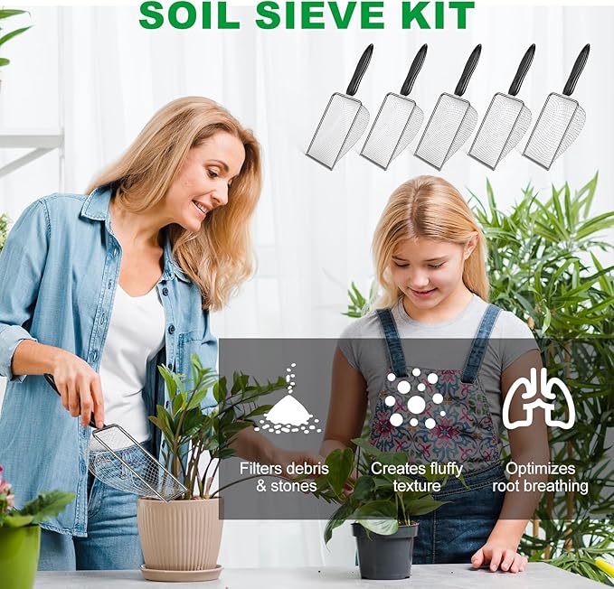 5pcs Soil Sifter Set for Gardening – Includes 2mm/2.8mm/3.8mm/4.3mm/5mm Garden Sifter for Soil, Handheld Compost Sifter for Dirt，Rocks, Heavy-Duty Shovel for Soil, Compost Sifting
