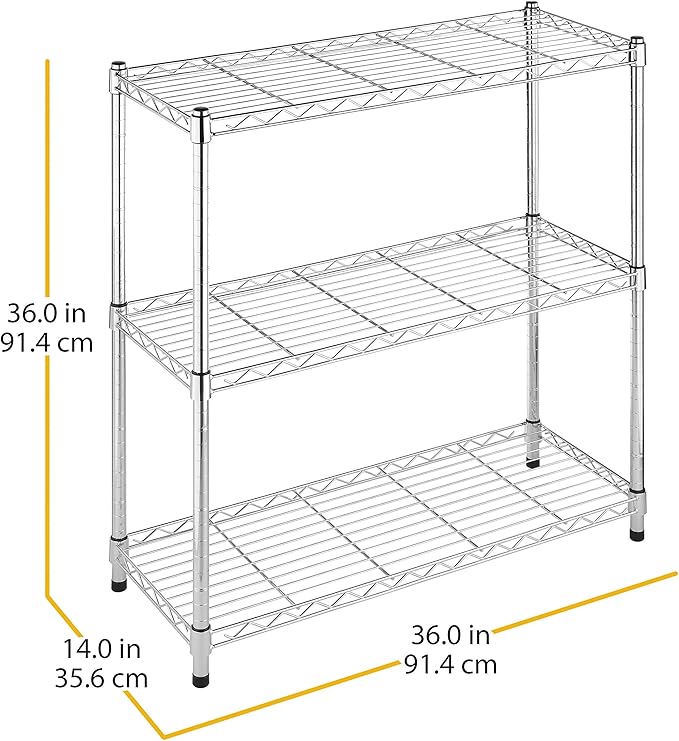 Whitmor 3 Tier Shelving Unit, Metal Storage Shelves, 400 lbs Capacity per Shelf, 1200 lbs Total, Durable Heavy Duty Shelf for Kitchen, Garage, Plant, 36" L x 14" W x 36" H, Chrome