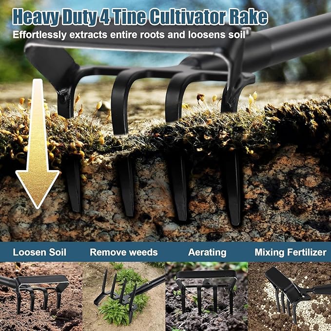 Garden Hoe Tool - Heavy Duty 2 in 1 Scuffle Hoes with Cultivator Tiller for Weeding Grass,Loosening Soil,Sharp Blade,36-60” Long Handle,Push Pull Action Hoe with Scraper Rake for Gardening
