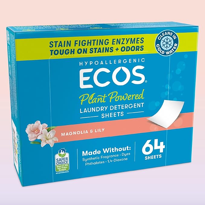 ECOS Laundry Detergent Sheets Vegan, No Plastic Jug, No Mess, Liquid Free - Hypoallergenic, Plant Powered Laundry Detergent Sheet - Magnolia & Lily - 64 Count (Pack of 1)