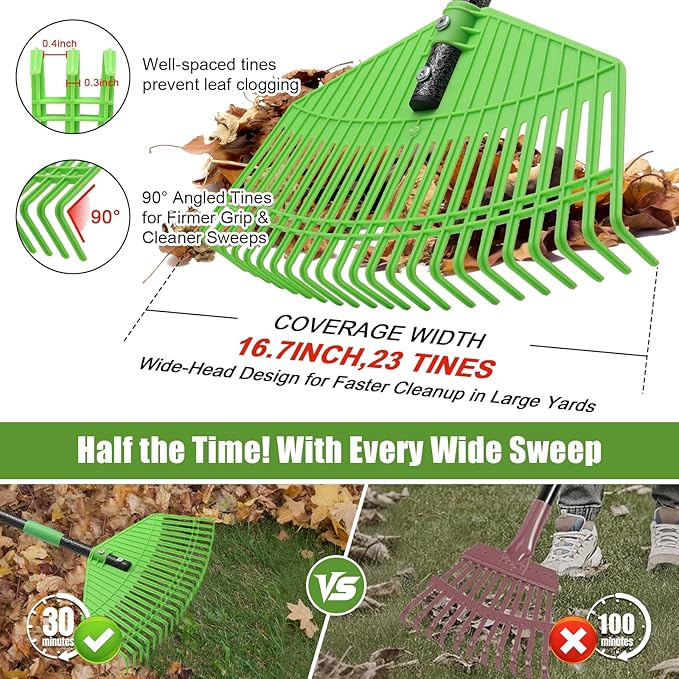Plastic Rake for Leaves - Upgraded Anti-Break Nylon Head,75" Adjustable Leaf Rake,Gentle on Lawn,Garden,Yard,Grass,Pine Needle,Shrub,Lightweight for Women,Seniors,Kid,Gardening Camping Use