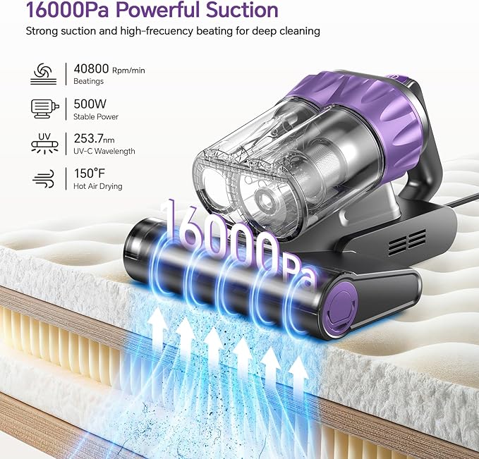 Mattress Vacuum Cleaner, 18Kpa Bed Vacuum Cleaner with 253.7nm UV-C Light, 150°F Heat, HEPA Filter & Ultrasonic, Versatile Handheld Vacuums for Bed, Sofa, Couch, Crib Gift Ideas for Women