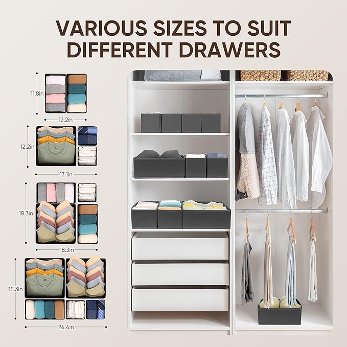 12 Pcs Drawer Organizer Clothes – Dresser Organizers for Baby Clothes, Underwear, Socks & Bedrooms – Foldable Storage Bins for Closet & Nursery – Fabric Drawer Dividers for Shelves (Grey)
