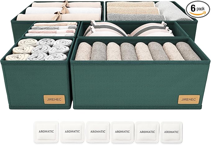 Drawer Organizer Clothes – Set of 6 Foldable Fabric Storage Bins for Dresser & Closet, Strong Structure, Fragrance Sachets Included, Organize Underwear, Socks, Baby Items, Green