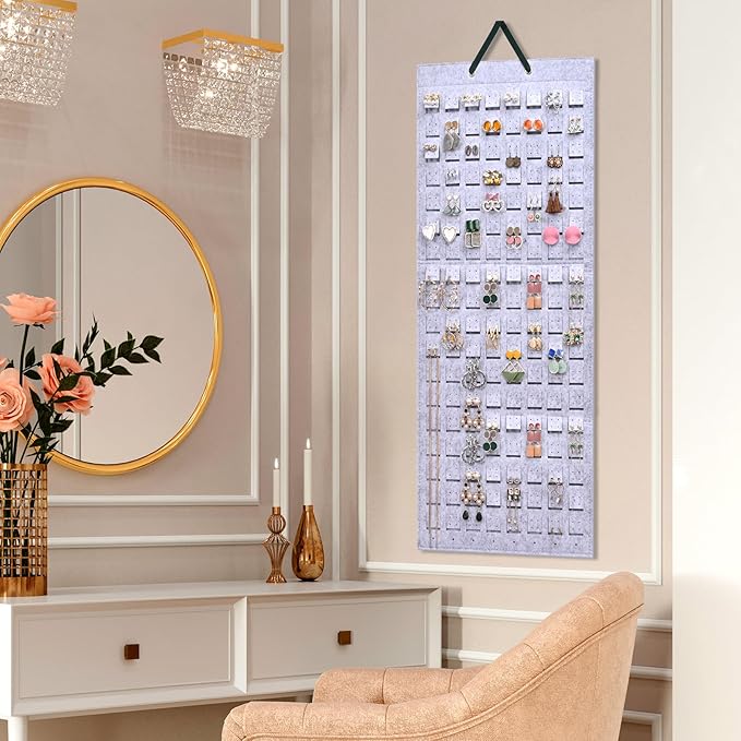 Lolalet Hanging Earring Holder Organizer with 20 Hooks for Women, Earring Organizer Wall Earrings Hanger Pierced Earring Storage, Felt Stud Earring Display, 608 Holes for Earrings- Grey, 1 Pack