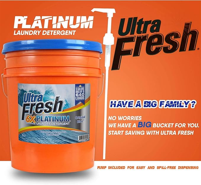 Ultra Fresh 6X Platinum 5 Gallon Laundry Detergent Liquid for All Machine Types with Easy Dispensing Pump, Up to 640 Loads, Original Blue (5 Pack)