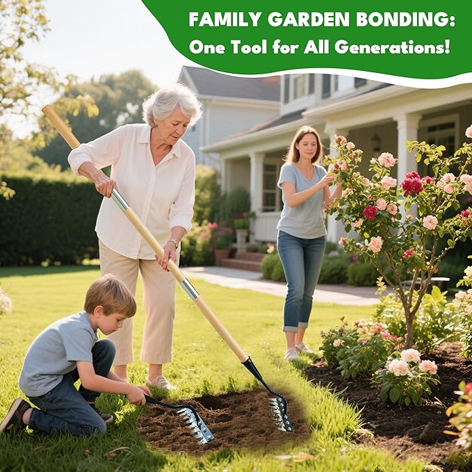 Iron Weeding Rake with Handle 2.0, Upgraded 8 Teeths Garden Weed Puller Tool Heavy Duty Gardening Tool for Lawn, Flower Beds & Soil Aeration