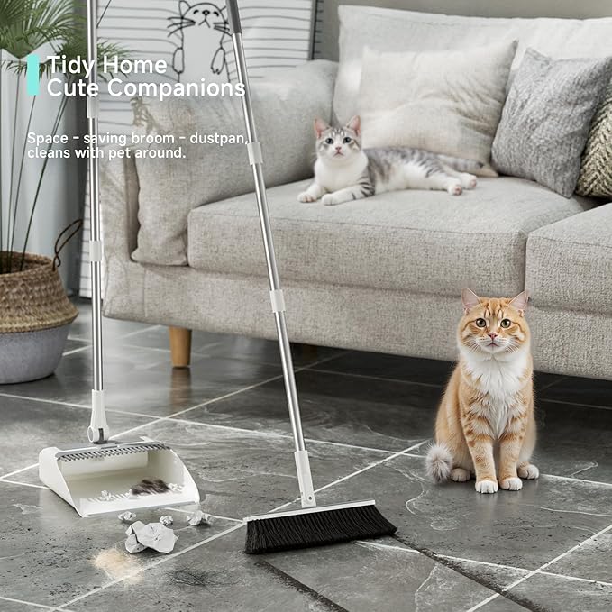 Broom And Dustpan Combo Set, Dust Pan with 3-In-1 Reusable Lint Roller Design 180° Brooms with Self-Cleaning Teeth for Floor Bathroom Kitchen Shower Tile Pet Hair Carpet Couch with 1 Extra Lint Roller