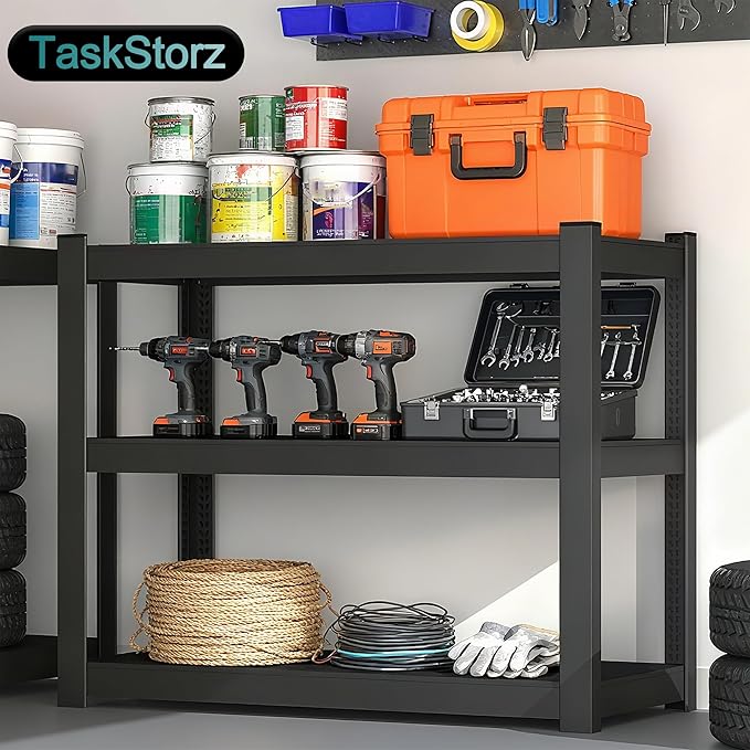 3-Tier Metal Storage Shelving Unit Black 16" D x 36" W x 36" H, Adjustable, 1800 lbs Capacity, Heavy Duty, Storage Organizer, for Garage, Home, Bathroom, Laundry, Storage Rack