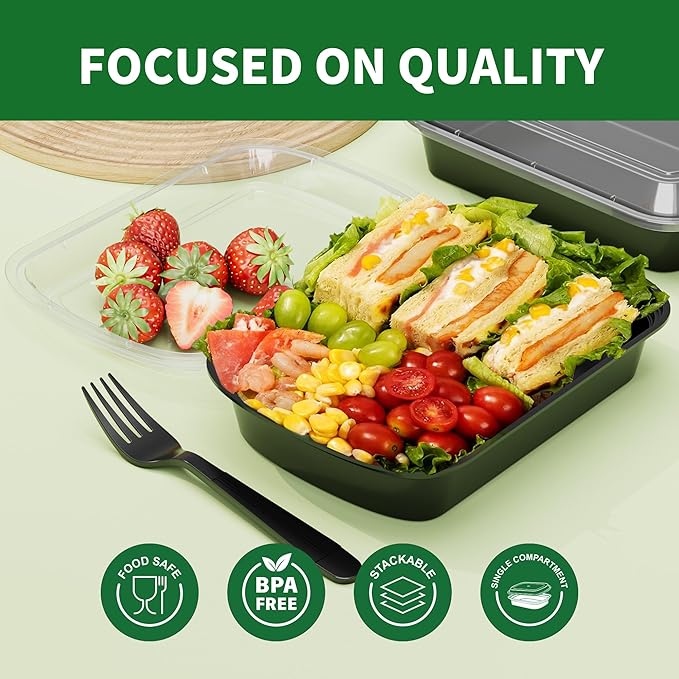 Meal Prep Containers, 50 Pack 16oz (100-Piece) Disposable Take Out Food Storage Containers with Leakproof Lids, Reusable Plastic To Go Lunch Boxes, BPA Free, Microwave/Dishwasher/Freezer Safe