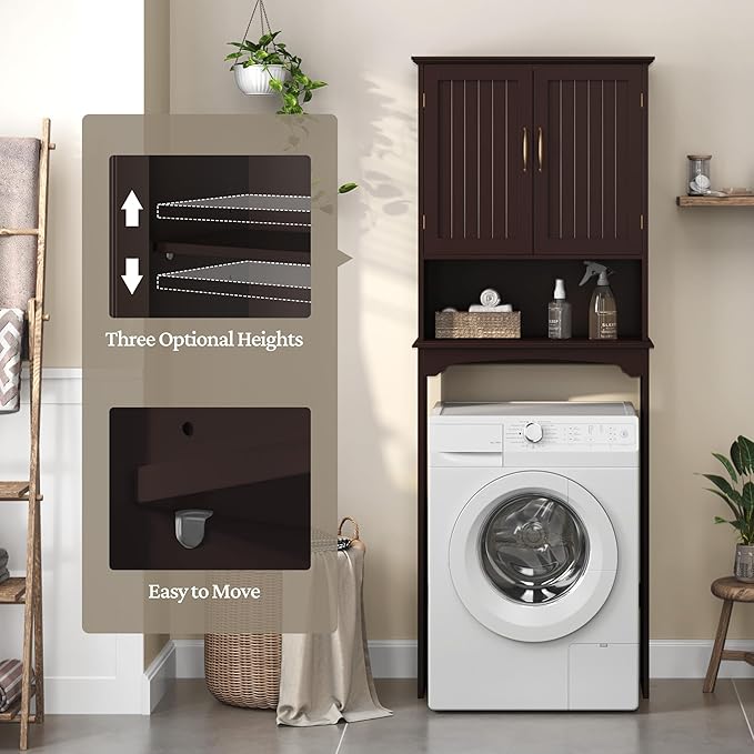 Yaheetech Over The Toilet Storage with 2 Doors & Adjustable Shelf, Free Standing Toilet Rack Wooden Space-saving Collect Cabinet, Bathroom Furniture, 9Dx24.5Wx66H Inches, Espresso