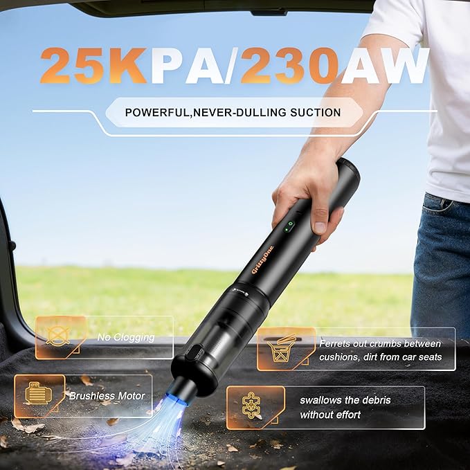 Car Vacuum Portable Cordless,25,000Pa Handheld Vacuum Cordless,70-Min Extra-Long Battery Life,Fantastic Suction, HEPA Filters, Maneuverable, Versatile Crevice Tools,for Car and Home, Black