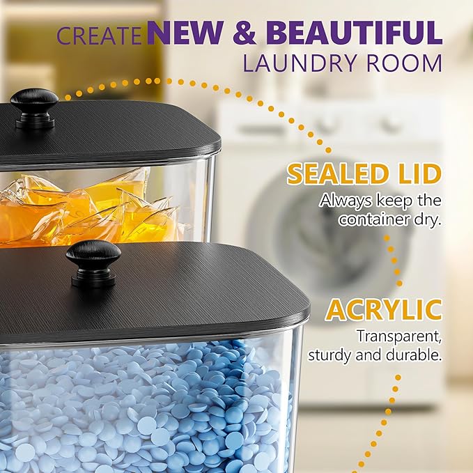 4 Pack Laundry Pods Container, Clear Laundry Room Organization Containers,Large Laundry Detergent Powder Storage Containers Black Wooden Lids & Labels, Acrylic Laundry Pods Holder for Scent Booster
