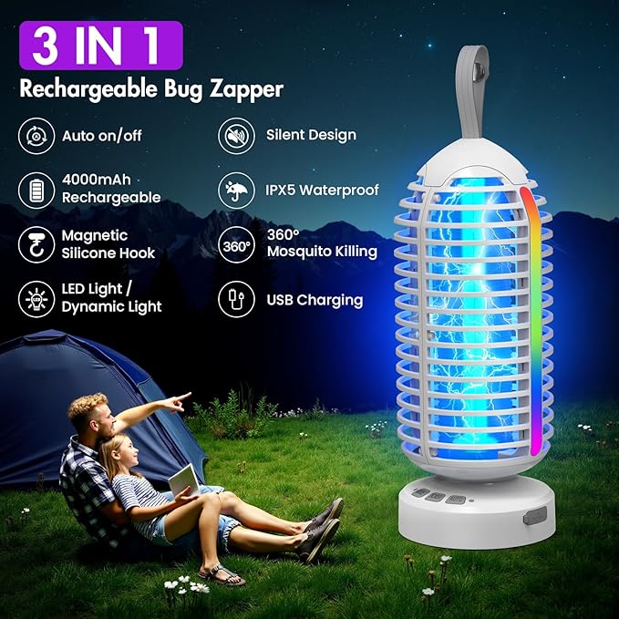 Bug Zapper Outdoor with Colorful Lighting and Auto-Sensing, 3 in 1 Cordless 4000mAh Battery Electric Fly Trap, Rechargeable Mosquito Zapper for Camping, Patios, Garden, Kitchen (2Pack-White)