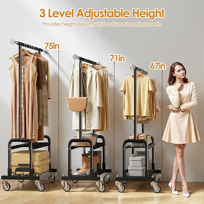 Luxspire Heavy Duty Clothes Rack, Clothing Rack Load 600 LBS, Rolling Clothes Racks for Hanging Clothes with Sturdy Wheels & 2 Tier Shelves, Adjustable Garment Rack for Bedroom, Laundry Room, Black