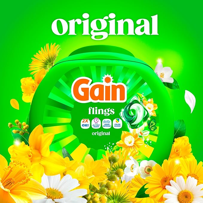 Gain Flings Laundry Detergent Pacs, 60 Count, Original Scent, with Odor Defense, concentrated laundry soap pacs