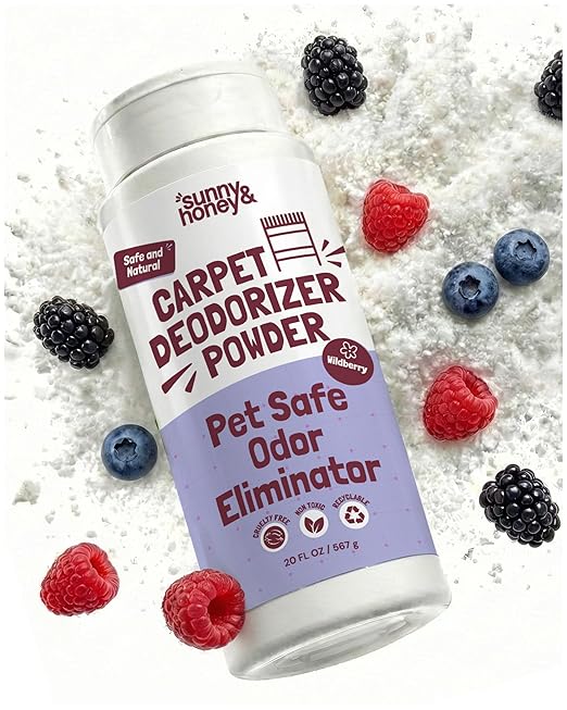 Sunny & Honey Carpet Deodorizer Powder - Pet Safe Freshener for Carpets, Pet Beds and Car Seats - Berry Odor Eliminator for Cat Urine and Wet Dog Smells (20 oz)