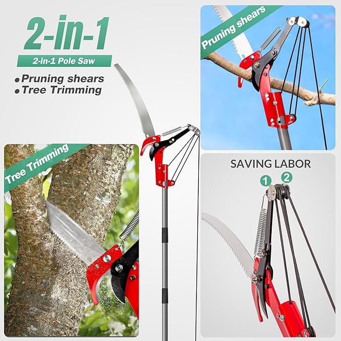 Suchtale 10FT Pole Saw for Tree Trimming, Manual Tree Pruner with Steel Blade & Scissors, Long Handle Branch Cutter Pole, Extendable Limb Trimmer for High Branches, Yard Garden Pruning Saw