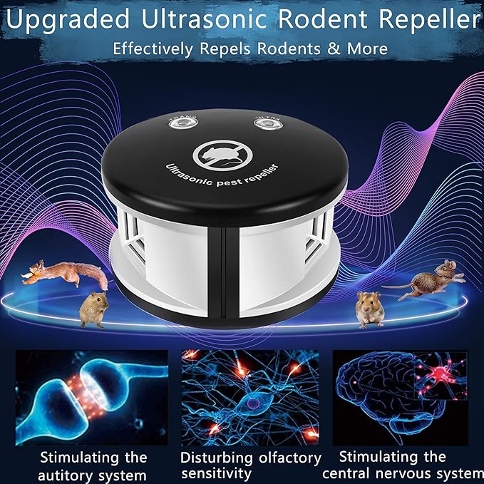 Mouse Repellent Ultrasonic Rodent Repeller Plug in Indoor,360° Ultrasonic Rodent Repellent,3 Mode Switch with Pressure Wave, Squirrel Repellent Mice Deterrent for House Garage Warehouse RV, Black