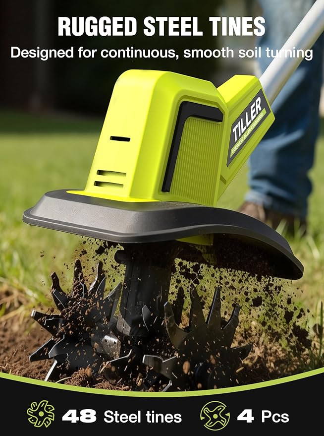 21V Cordless Tiller Cultivator, 400RPM Electric Rototiller with 48 Steel Tines, 4.0Ah Battery & Fast Charger, 8-inch Width 6-inch Depth Garden Tiller, Tiller for Gardening and Soil - Green
