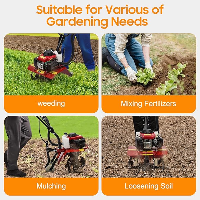 4-Stroke 63CC Gas Powered Tiller Cultivator for Garden Yard 8500-9000rpm Rototiller Tilling Tool Gas Tiller- Ideal for Garden, Lawn, Soil Cultivation, Weed & Digging
